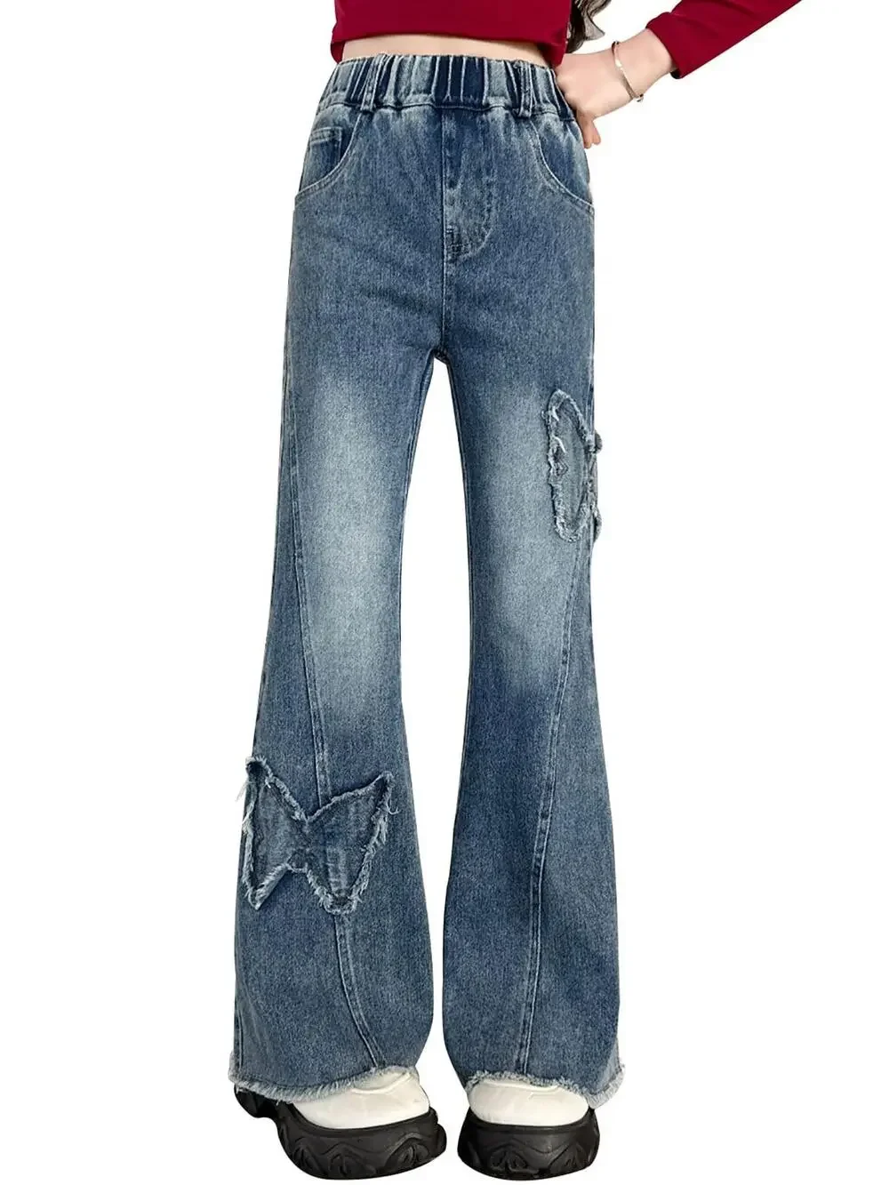 AOWKULAE Girls Flare Jeans 10-11 Years Blue Wash Distressed Ripped Butterfly